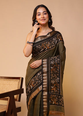 Green Chanderi Cotton Saree With Blouse Piece