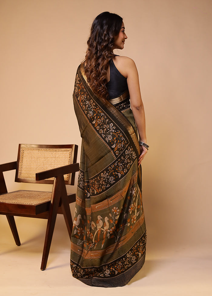 Green Chanderi Cotton Saree With Blouse Piece