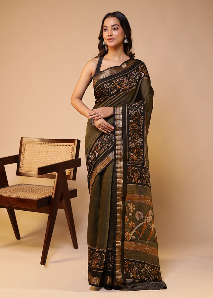 Green Chanderi Cotton Saree With Blouse Piece