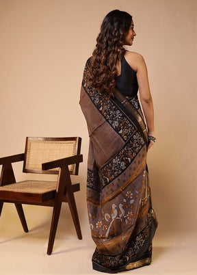 Brown Chanderi Cotton Saree With Blouse Piece