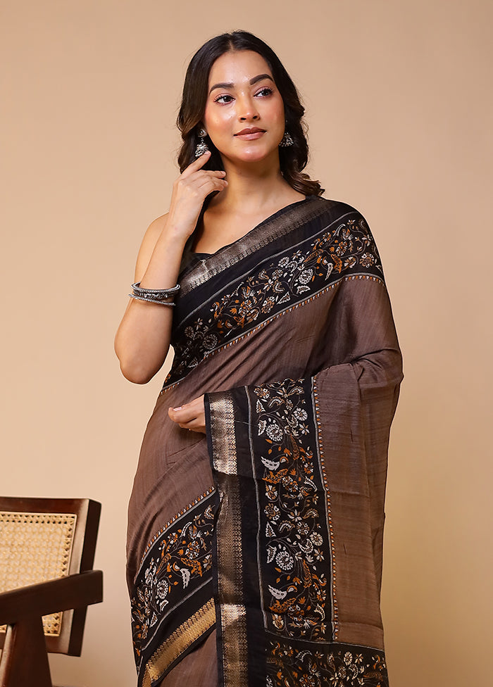 Brown Chanderi Cotton Saree With Blouse Piece