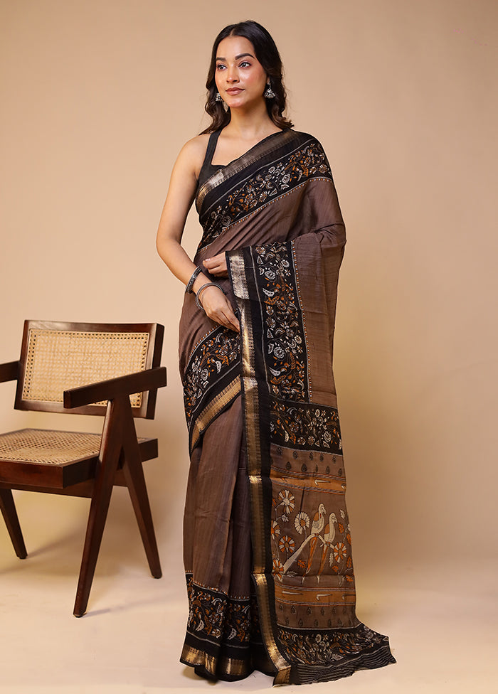 Grey Chanderi Cotton Saree With Blouse Piece