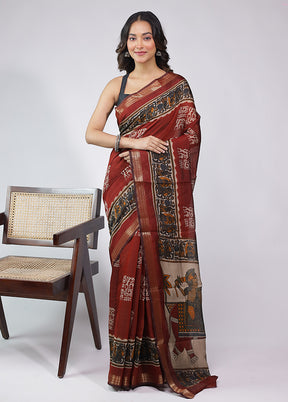 Maroon Chanderi Cotton Saree With Blouse Piece