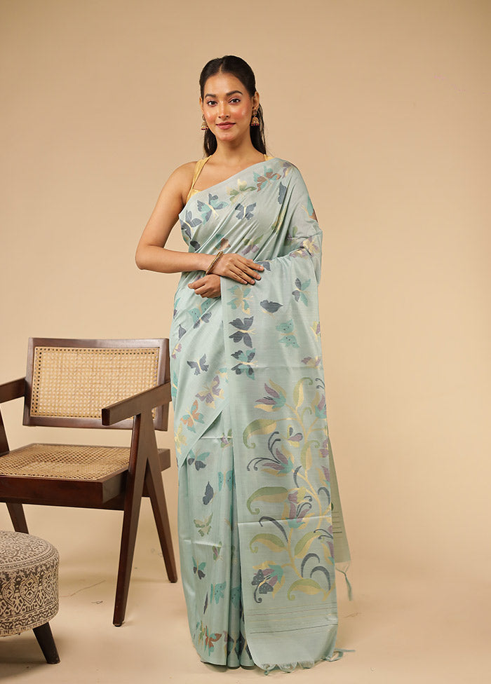 Green Tussar Silk Saree With Blouse Piece