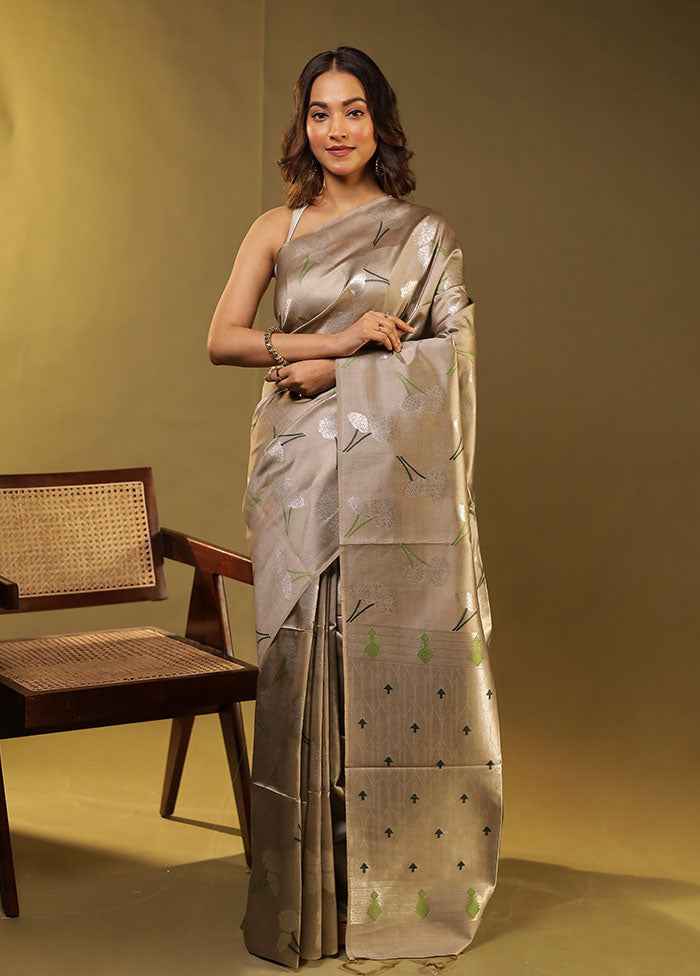 Grey Tussar Silk Saree With Blouse Piece