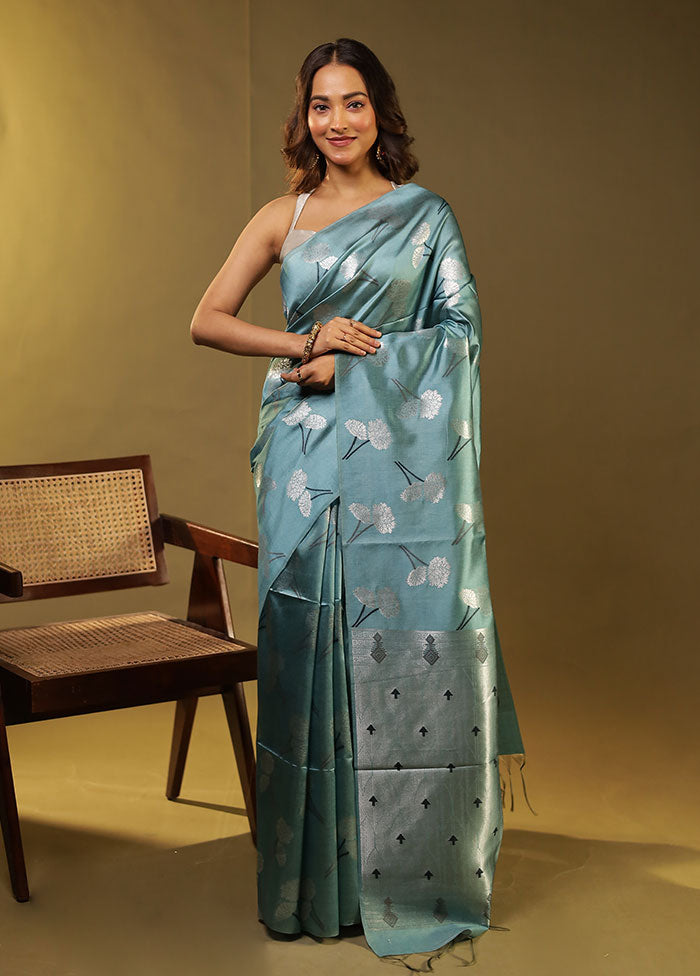 Blue Tussar Silk Saree With Blouse Piece