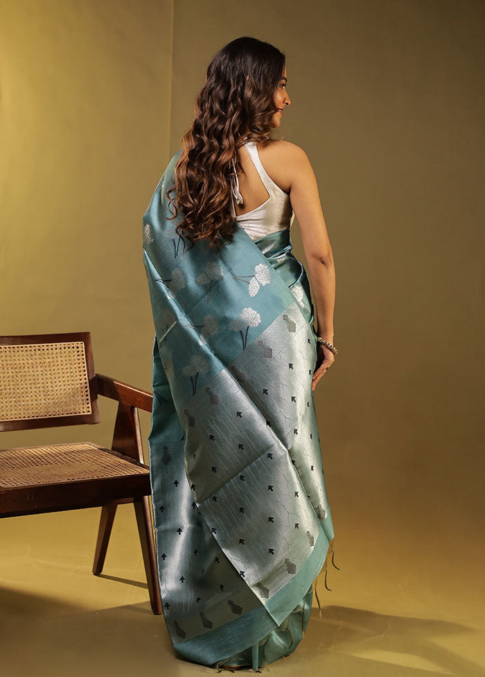 Blue Tussar Silk Saree With Blouse Piece