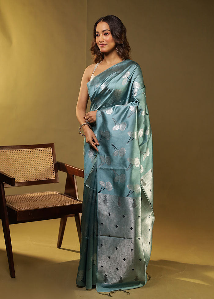 Blue Tussar Silk Saree With Blouse Piece