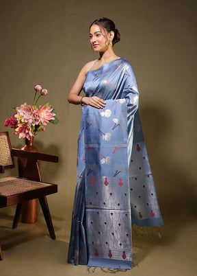 Blue Tussar Silk Saree With Blouse Piece