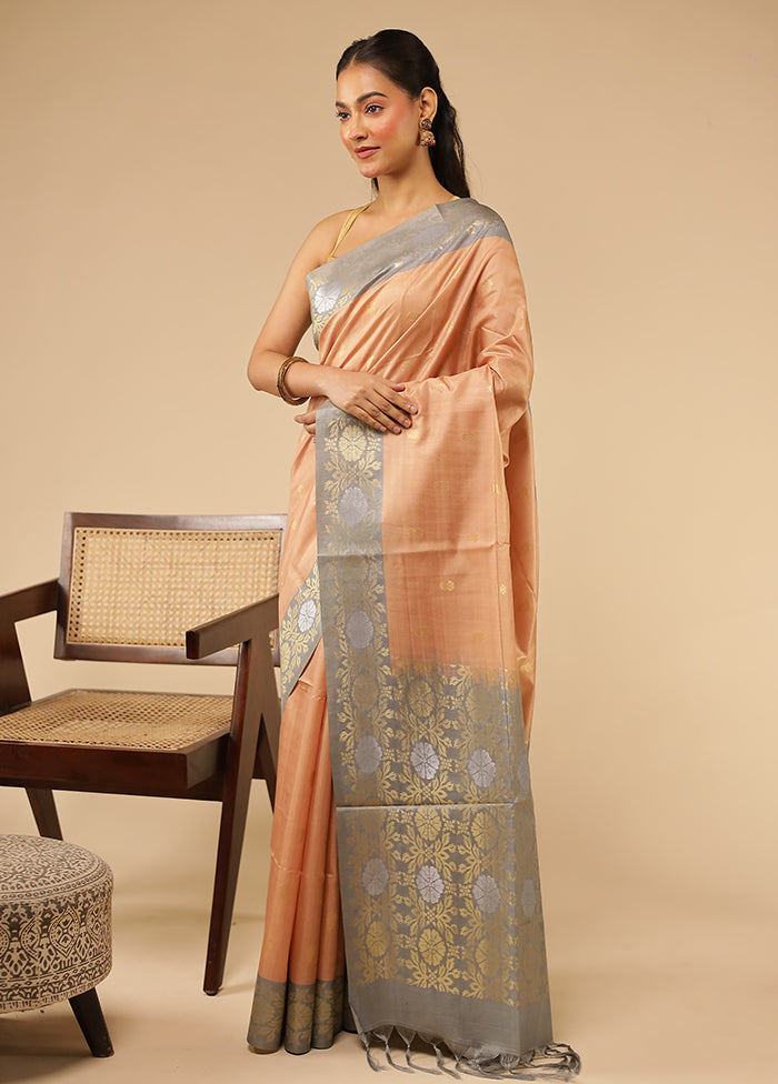 Peach Tussar Silk Saree With Blouse Piece