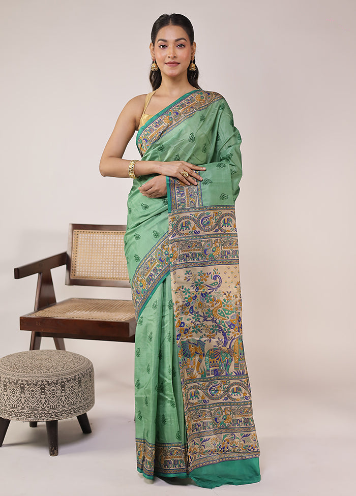 Green Printed Pure Silk Saree Without Blouse Piece