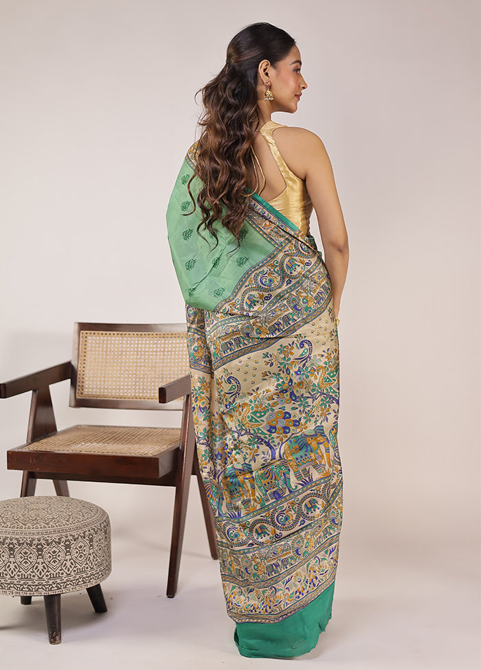 Green Printed Pure Silk Saree Without Blouse Piece