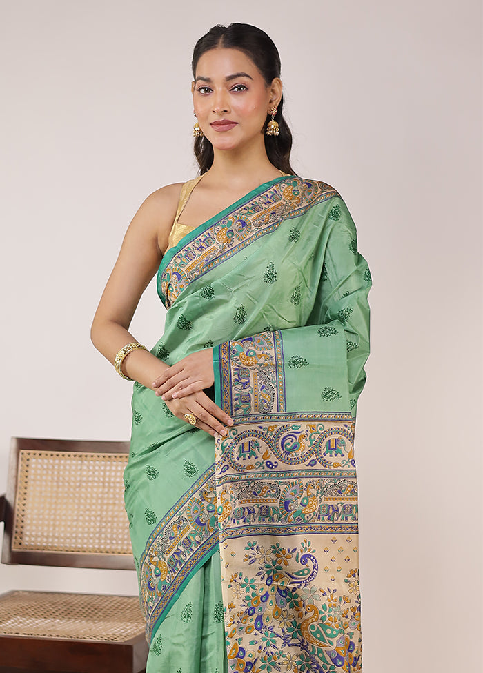 Green Printed Pure Silk Saree Without Blouse Piece