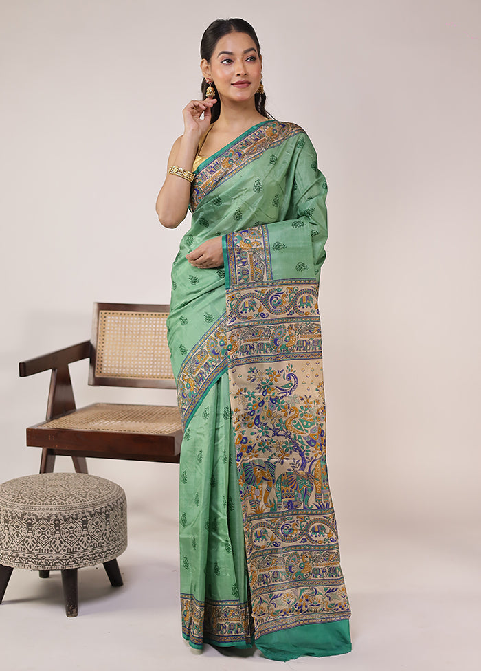Green Printed Pure Silk Saree Without Blouse Piece