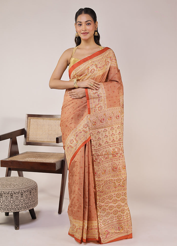 Rust Printed Pure Silk Saree Without Blouse Piece