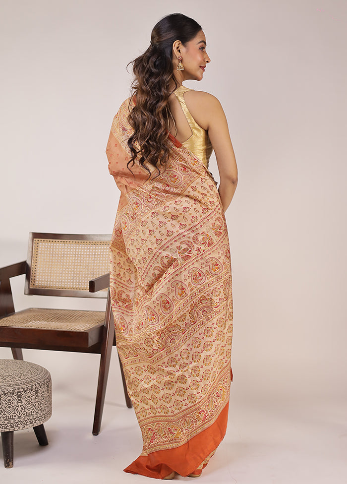 Rust Printed Pure Silk Saree Without Blouse Piece