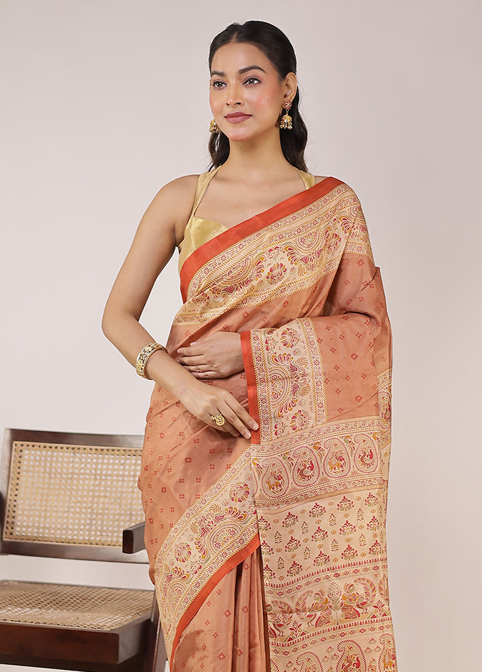 Rust Printed Pure Silk Saree Without Blouse Piece