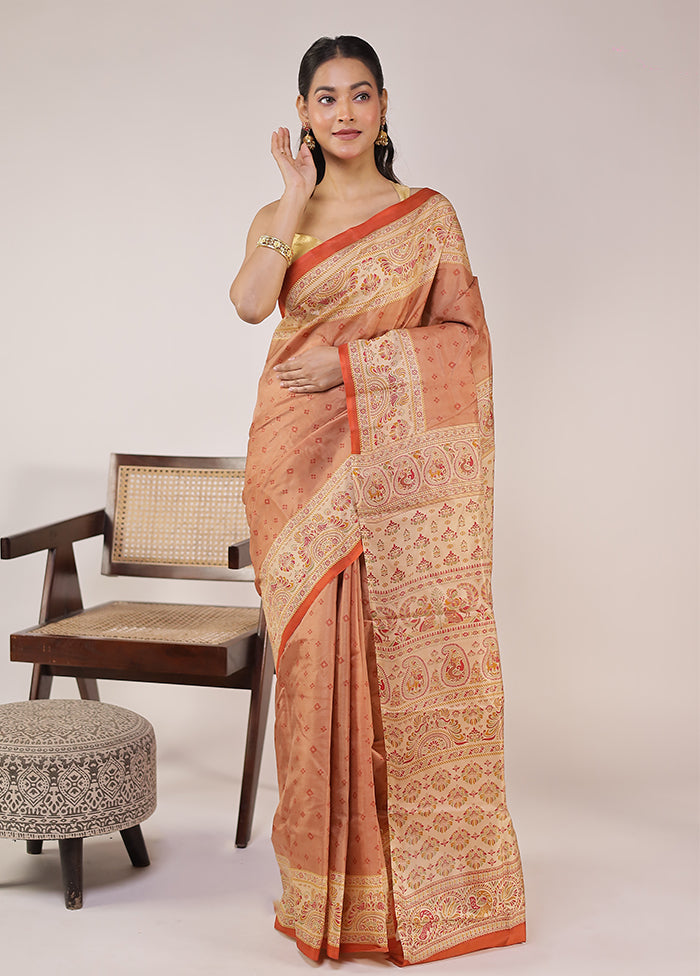 Rust Printed Pure Silk Saree Without Blouse Piece