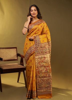 Yellow Printed Pure Silk Saree Without Blouse Piece