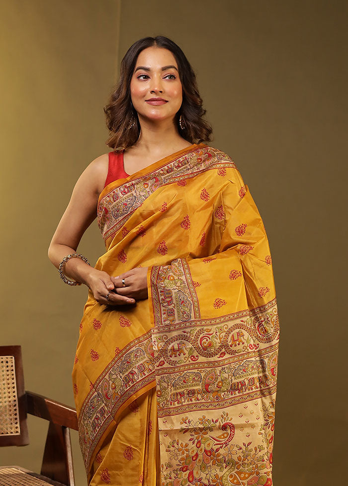Yellow Printed Pure Silk Saree Without Blouse Piece