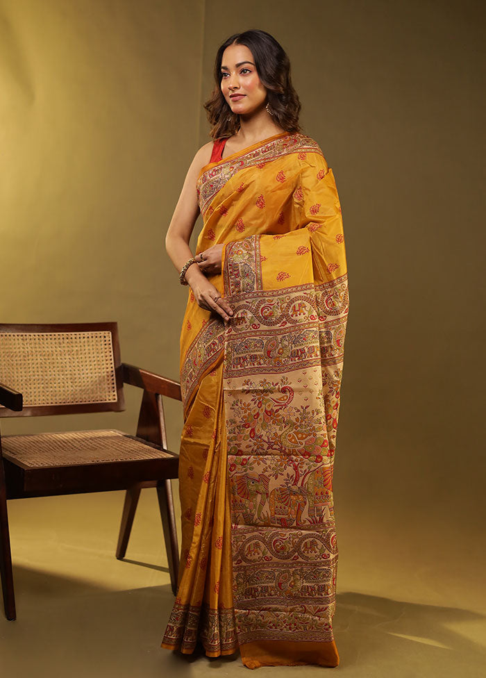 Yellow Printed Pure Silk Saree Without Blouse Piece