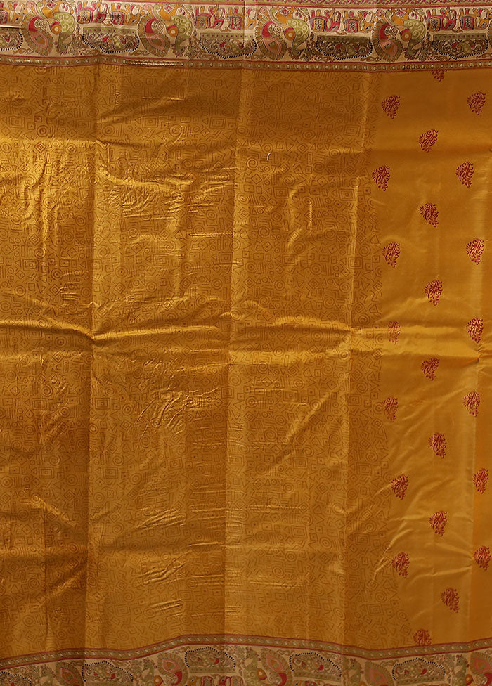 Yellow Printed Pure Silk Saree Without Blouse Piece