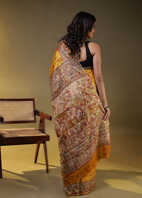 Yellow Printed Pure Silk Saree Without Blouse Piece