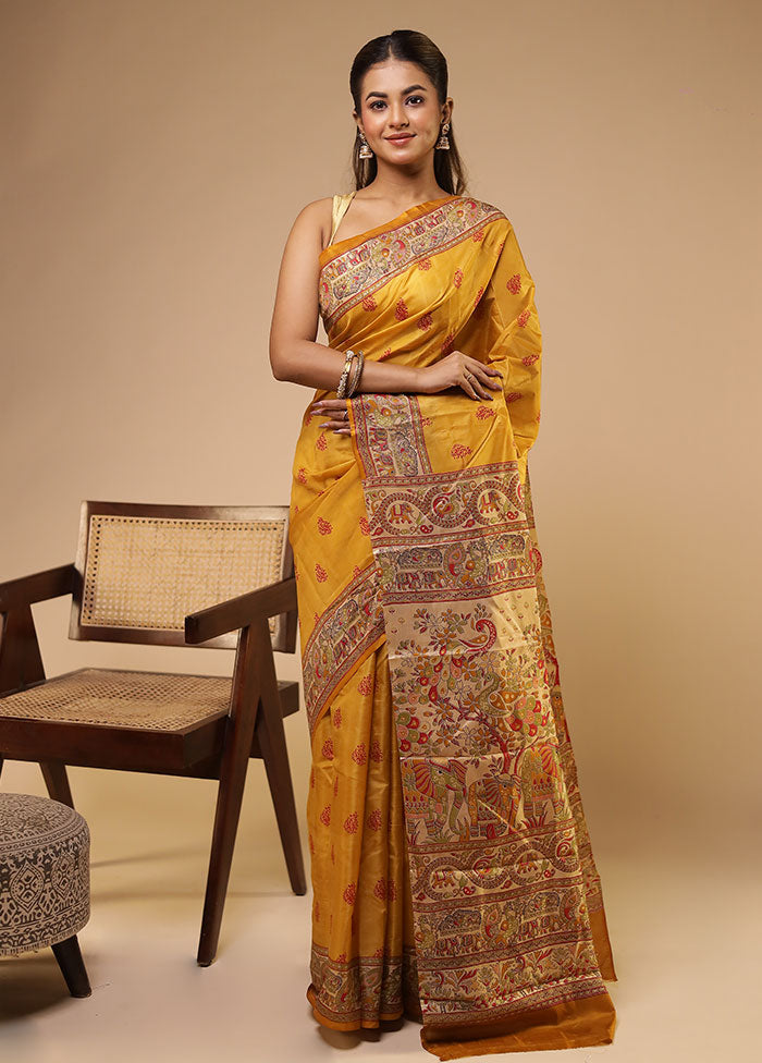 Yellow Printed Pure Silk Saree Without Blouse Piece