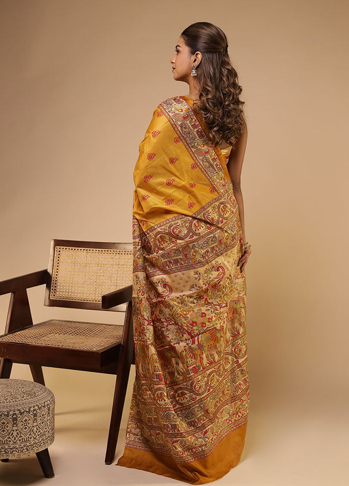 Yellow Printed Pure Silk Saree Without Blouse Piece