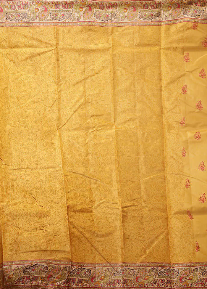 Yellow Printed Pure Silk Saree Without Blouse Piece