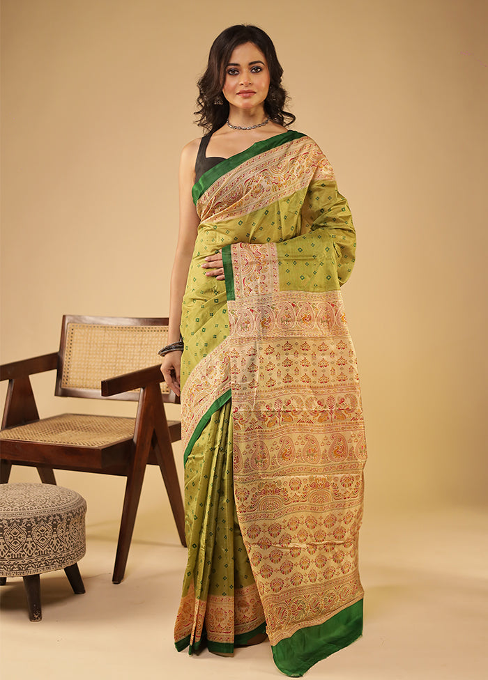 Green Printed Pure Silk Saree Without Blouse Piece