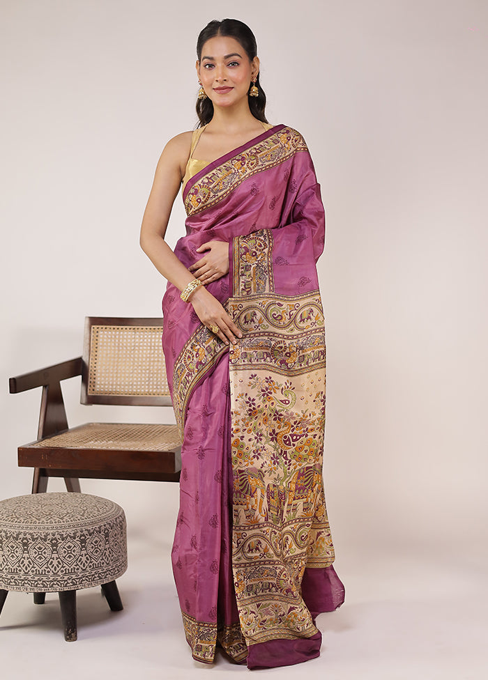 Purple Printed Pure Silk Saree With Blouse Piece