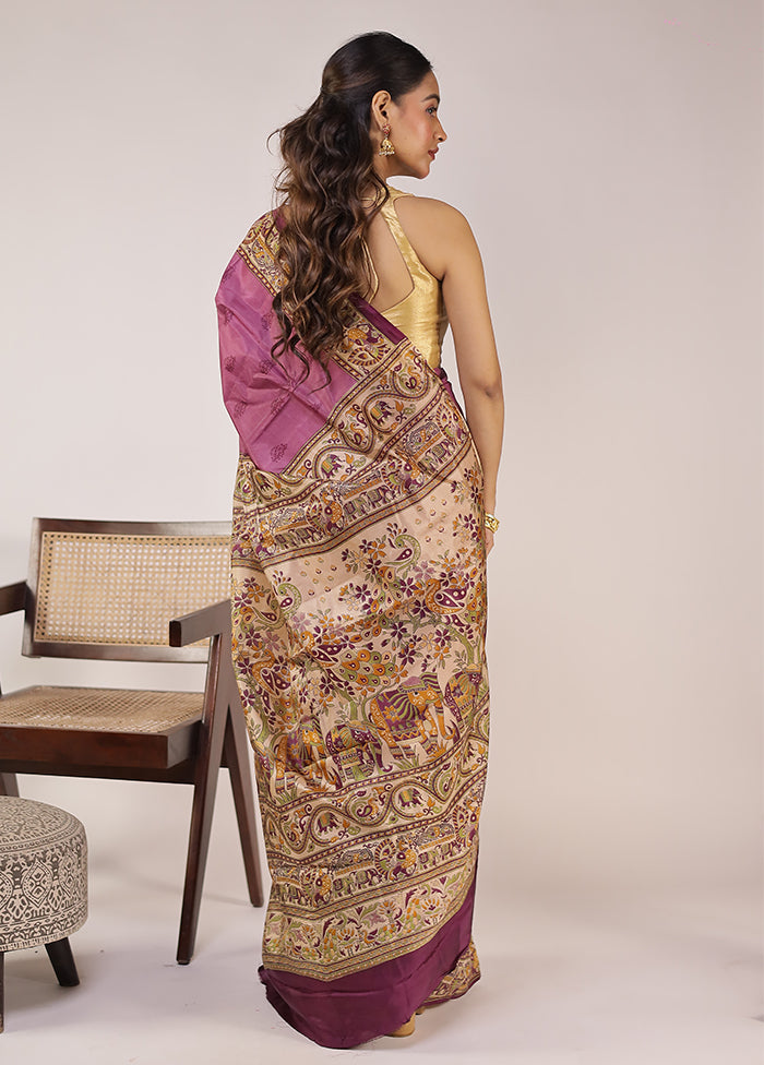Purple Printed Pure Silk Saree Without Blouse Piece