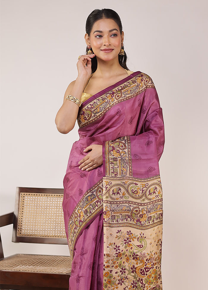 Purple Printed Pure Silk Saree Without Blouse Piece