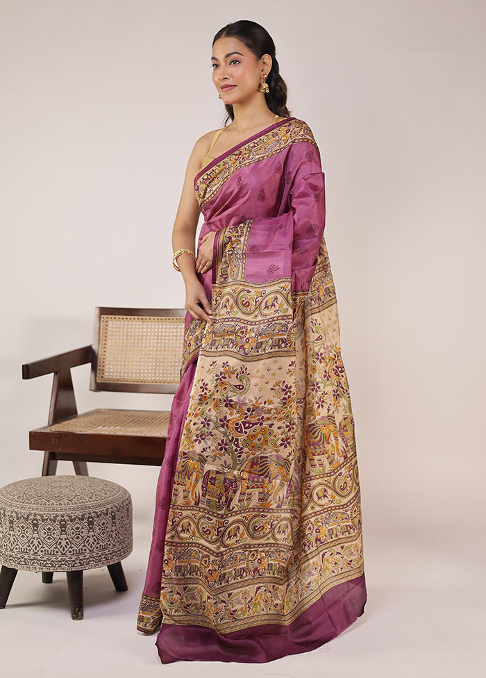 Purple Printed Pure Silk Saree Without Blouse Piece