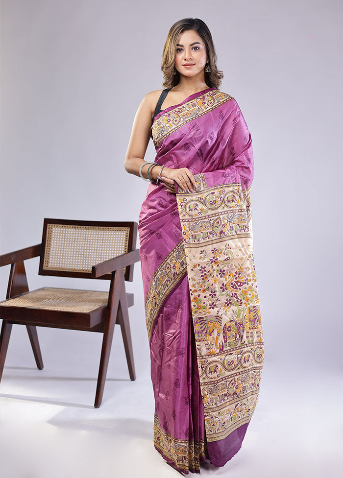 Purple Printed Pure Silk Saree Without Blouse Piece