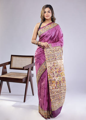 Purple Printed Pure Silk Saree Without Blouse Piece
