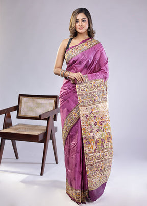 Purple Printed Pure Silk Saree With Blouse Piece