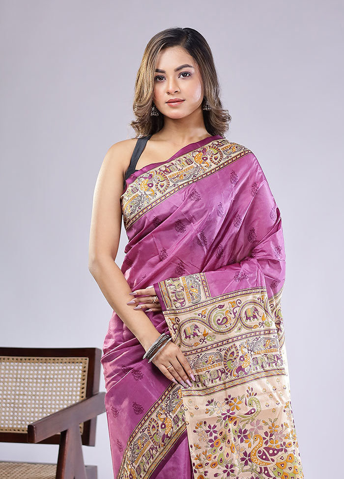 Purple Printed Pure Silk Saree Without Blouse Piece