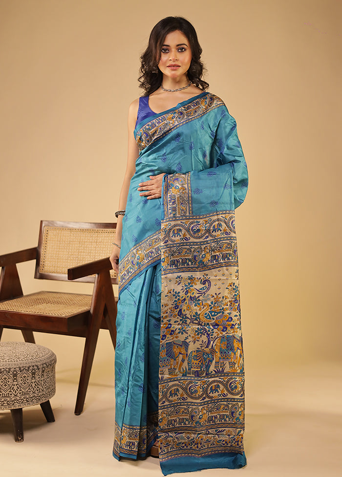 Blue Printed Pure Silk Saree With Blouse Piece