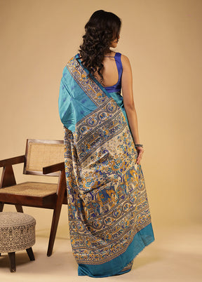 Blue Printed Pure Silk Saree With Blouse Piece