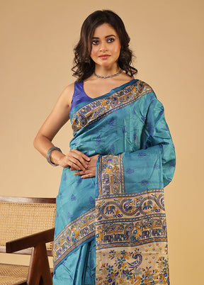 Blue Printed Pure Silk Saree With Blouse Piece