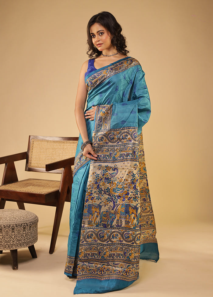 Blue Printed Pure Silk Saree With Blouse Piece