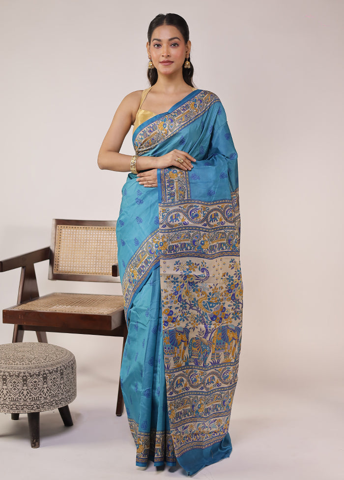 Blue Printed Pure Silk Saree Without Blouse Piece