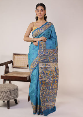 Blue Printed Pure Silk Saree Without Blouse Piece