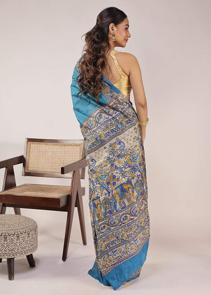 Blue Printed Pure Silk Saree Without Blouse Piece