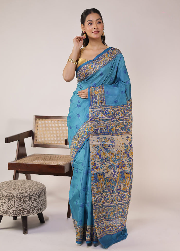 Blue Printed Pure Silk Saree Without Blouse Piece