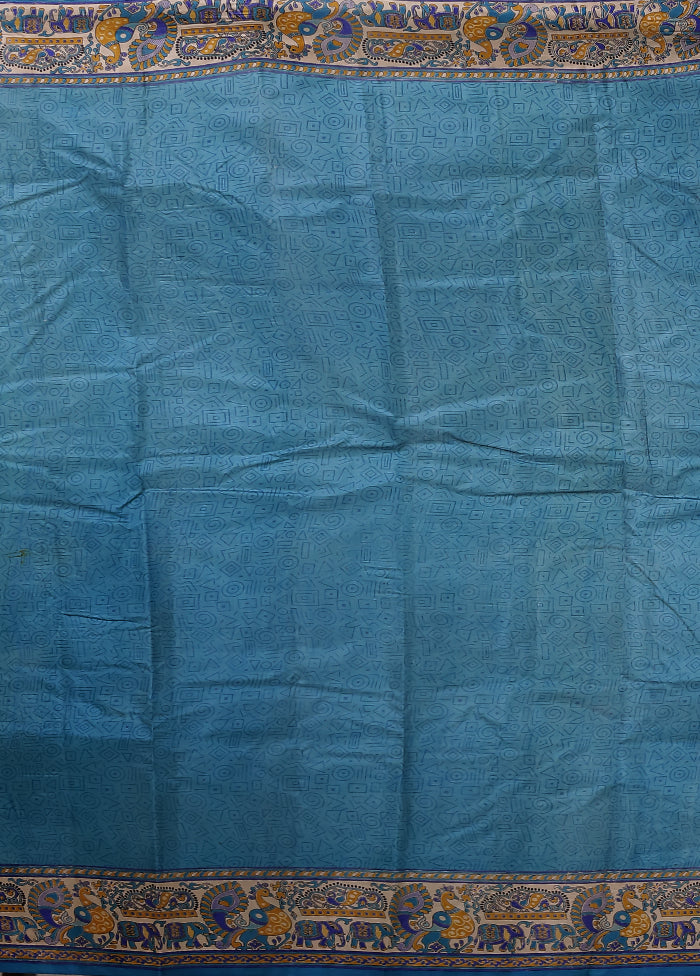 Blue Printed Pure Silk Saree Without Blouse Piece