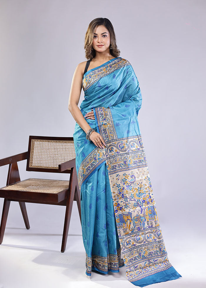 Blue Printed Pure Silk Saree Without Blouse Piece