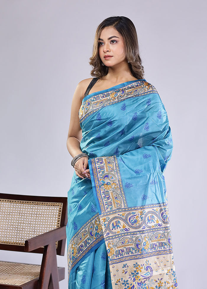 Blue Printed Pure Silk Saree With Blouse Piece